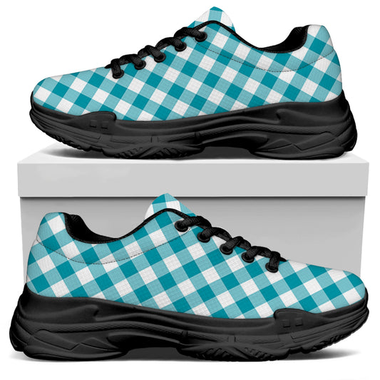 Teal And White Gingham Pattern Print Black Chunky Shoes