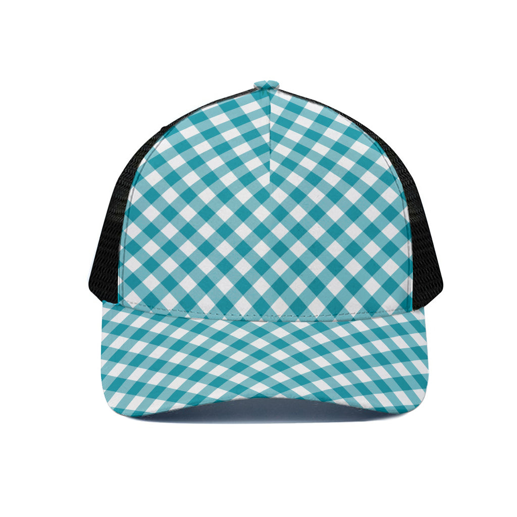 Teal And White Gingham Pattern Print Black Mesh Trucker Cap