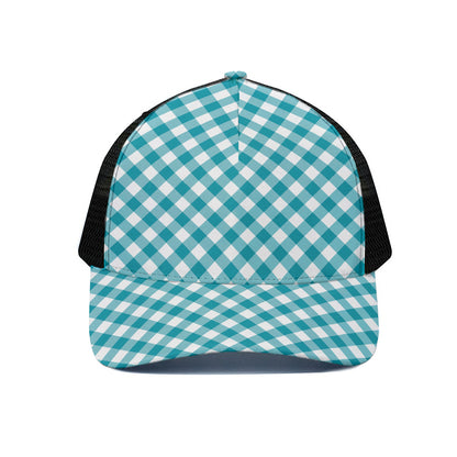 Teal And White Gingham Pattern Print Black Mesh Trucker Cap