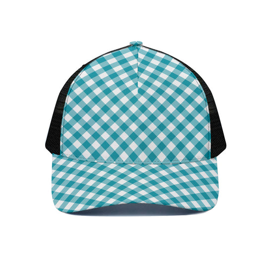 Teal And White Gingham Pattern Print Black Mesh Trucker Cap