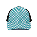 Teal And White Gingham Pattern Print Black Mesh Trucker Cap