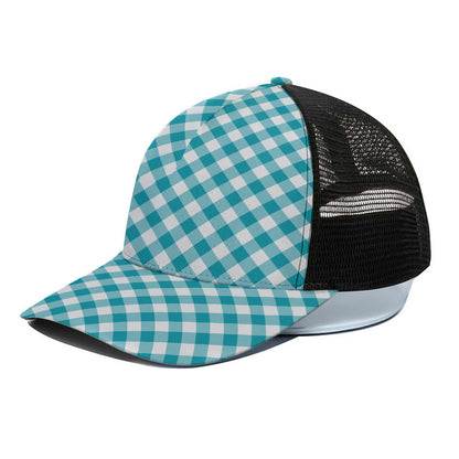 Teal And White Gingham Pattern Print Black Mesh Trucker Cap