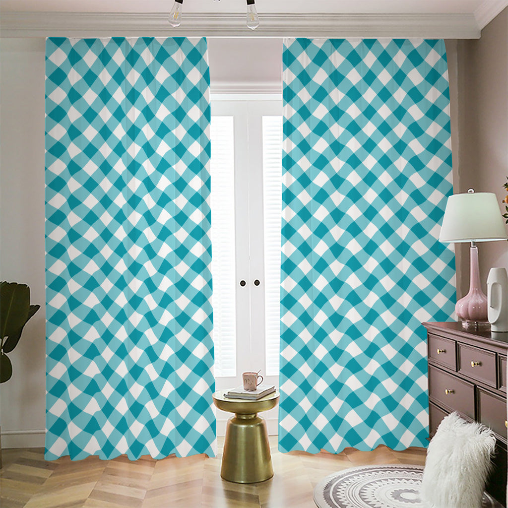 Teal And White Gingham Pattern Print Blackout Pencil Pleat Curtains