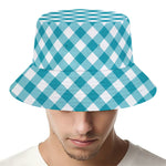 Teal And White Gingham Pattern Print Bucket Hat