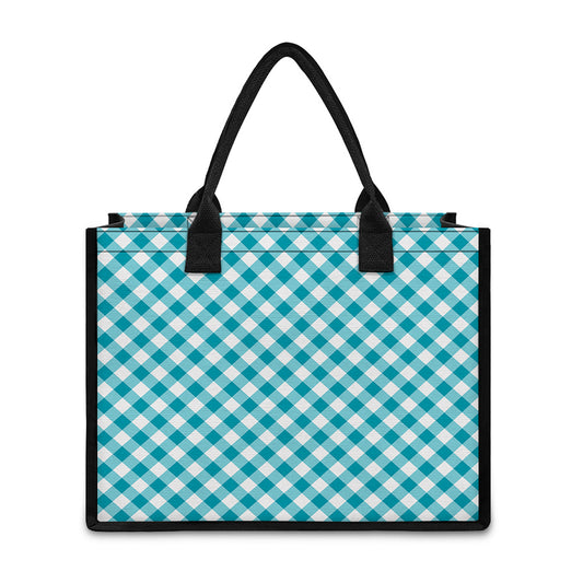 Teal And White Gingham Pattern Print Canvas Tote Bag