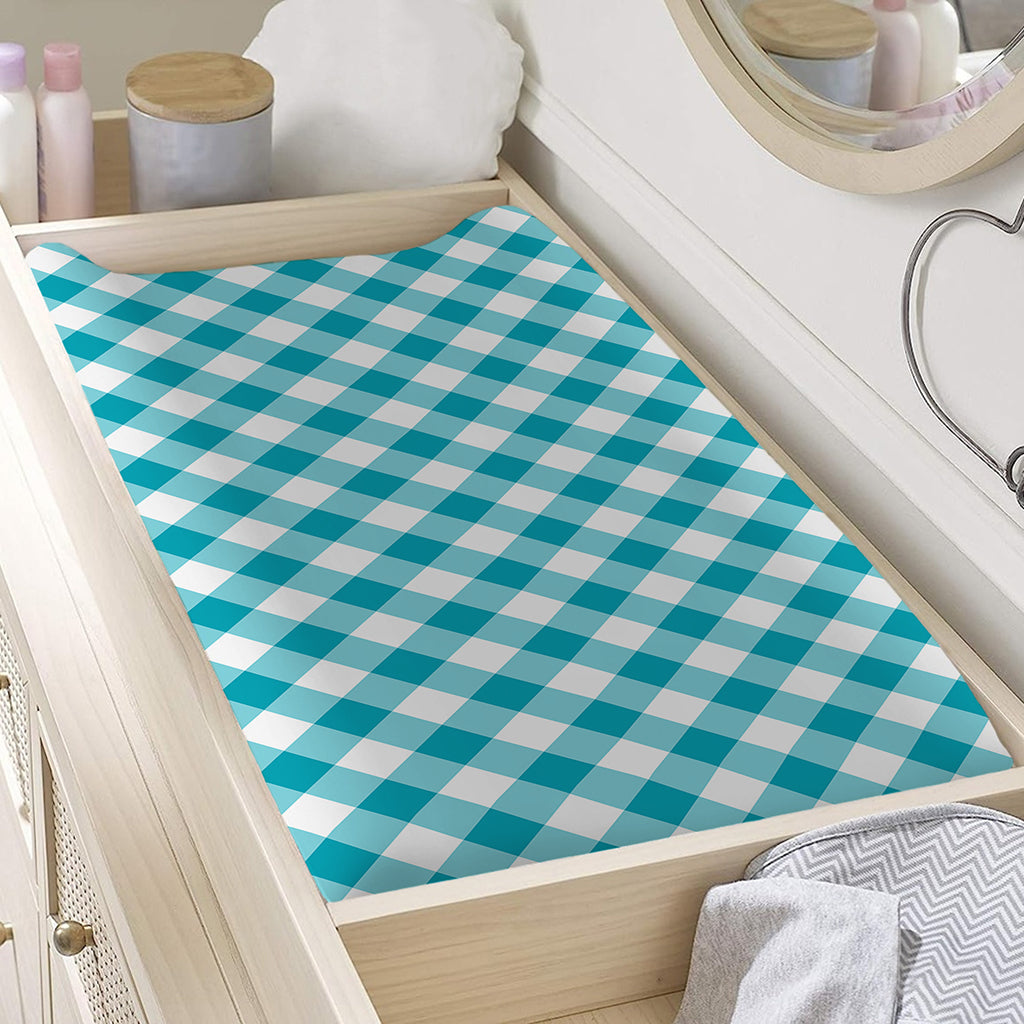 Teal And White Gingham Pattern Print Changing Pad Cover