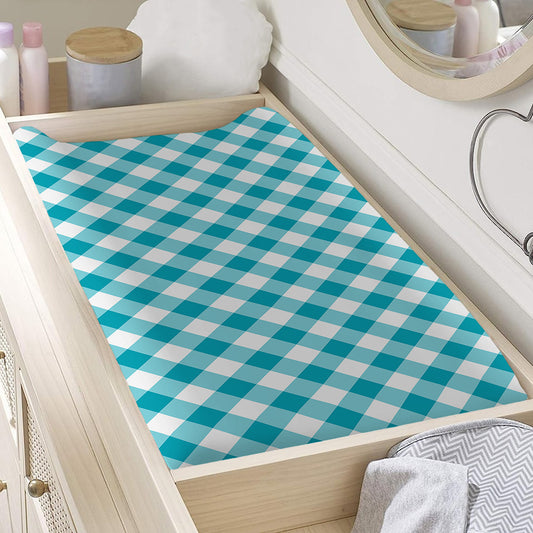 Teal And White Gingham Pattern Print Changing Pad Cover