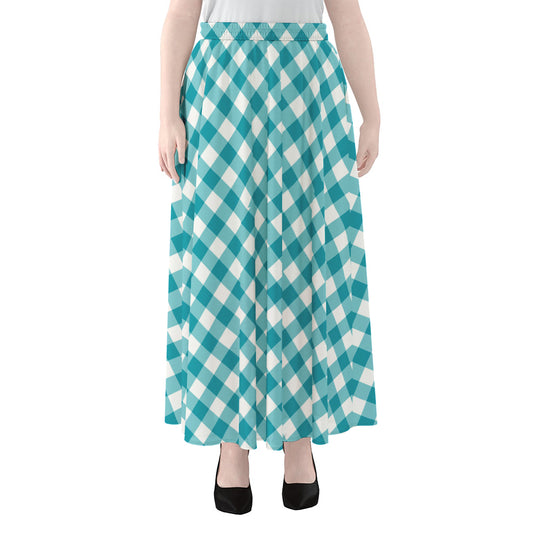 Teal And White Gingham Pattern Print Chiffon Maxi Skirt