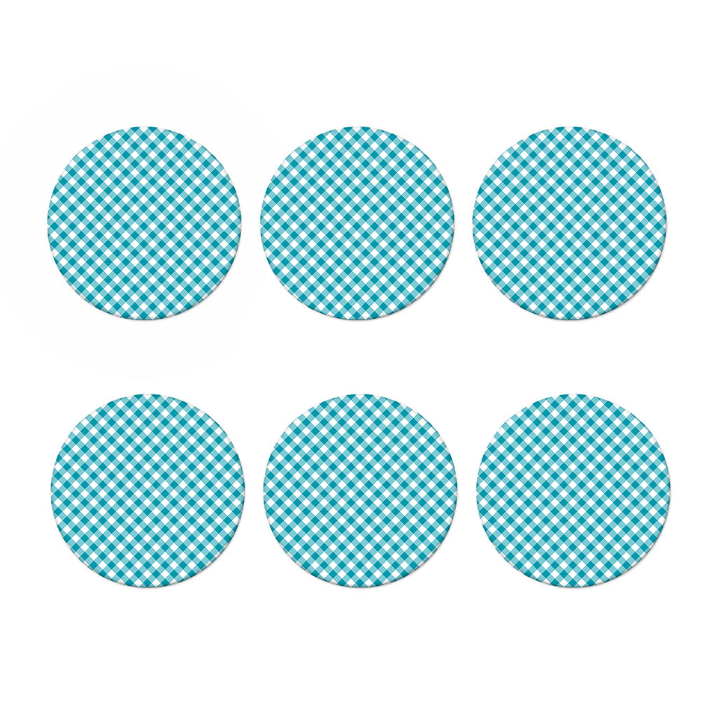 Teal And White Gingham Pattern Print Coaster Set
