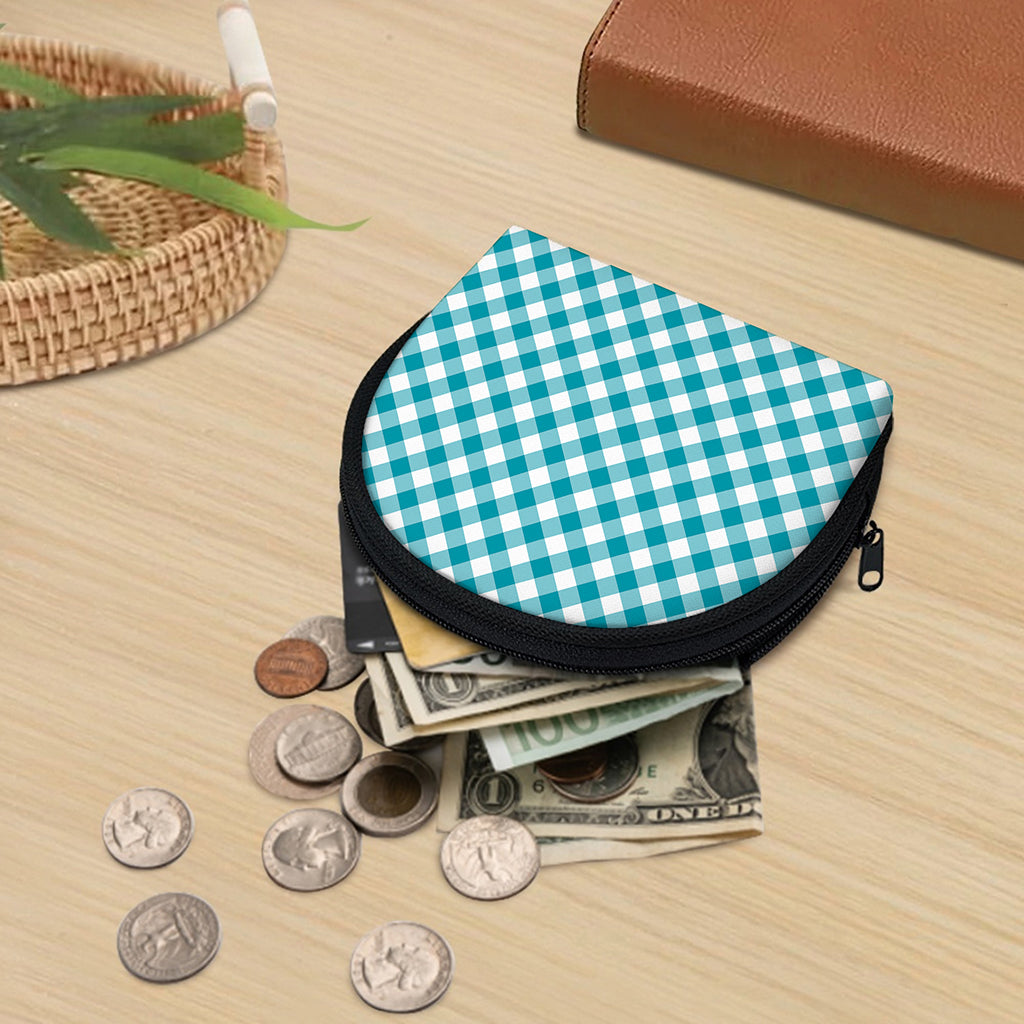 Teal And White Gingham Pattern Print Coin Purse