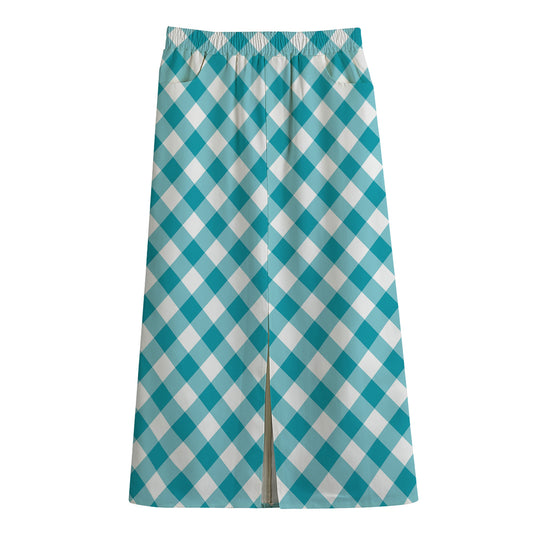 Teal And White Gingham Pattern Print Cotton Front Slit Maxi Skirt