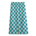Teal And White Gingham Pattern Print Cotton Front Slit Maxi Skirt