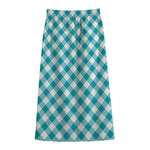 Teal And White Gingham Pattern Print Cotton Front Slit Maxi Skirt