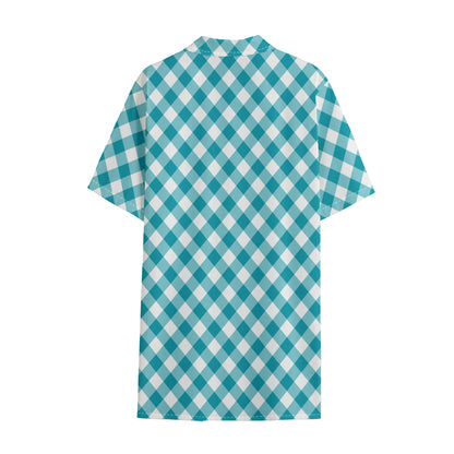 Teal And White Gingham Pattern Print Cotton Hawaiian Shirt