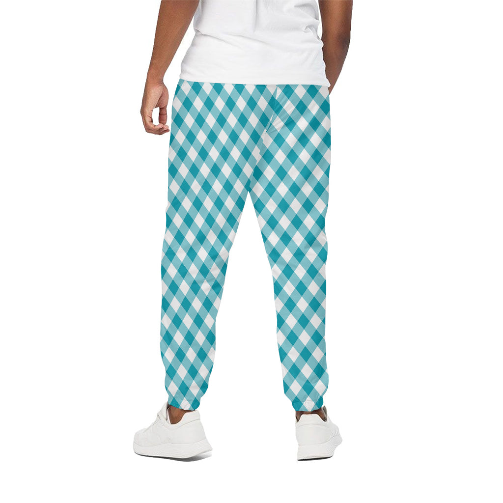 Teal And White Gingham Pattern Print Cotton Pants