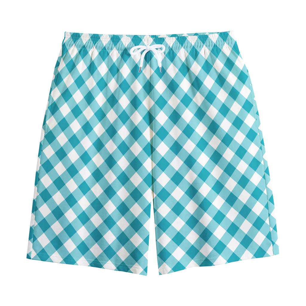Teal And White Gingham Pattern Print Cotton Shorts