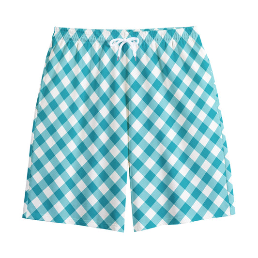 Teal And White Gingham Pattern Print Cotton Shorts