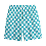 Teal And White Gingham Pattern Print Cotton Shorts