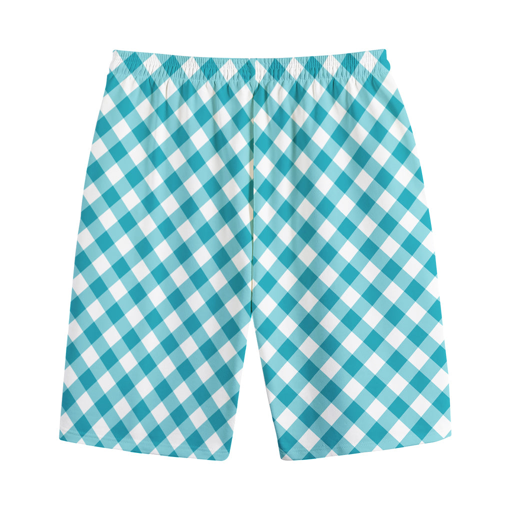 Teal And White Gingham Pattern Print Cotton Shorts