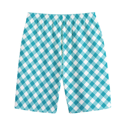 Teal And White Gingham Pattern Print Cotton Shorts