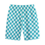 Teal And White Gingham Pattern Print Cotton Shorts