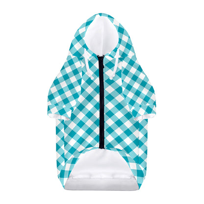 Teal And White Gingham Pattern Print Dog Zip Up Hoodie