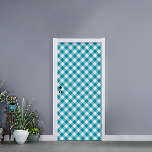 Teal And White Gingham Pattern Print Door Sticker
