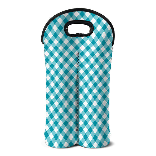 Teal And White Gingham Pattern Print Double Neoprene Wine Tote