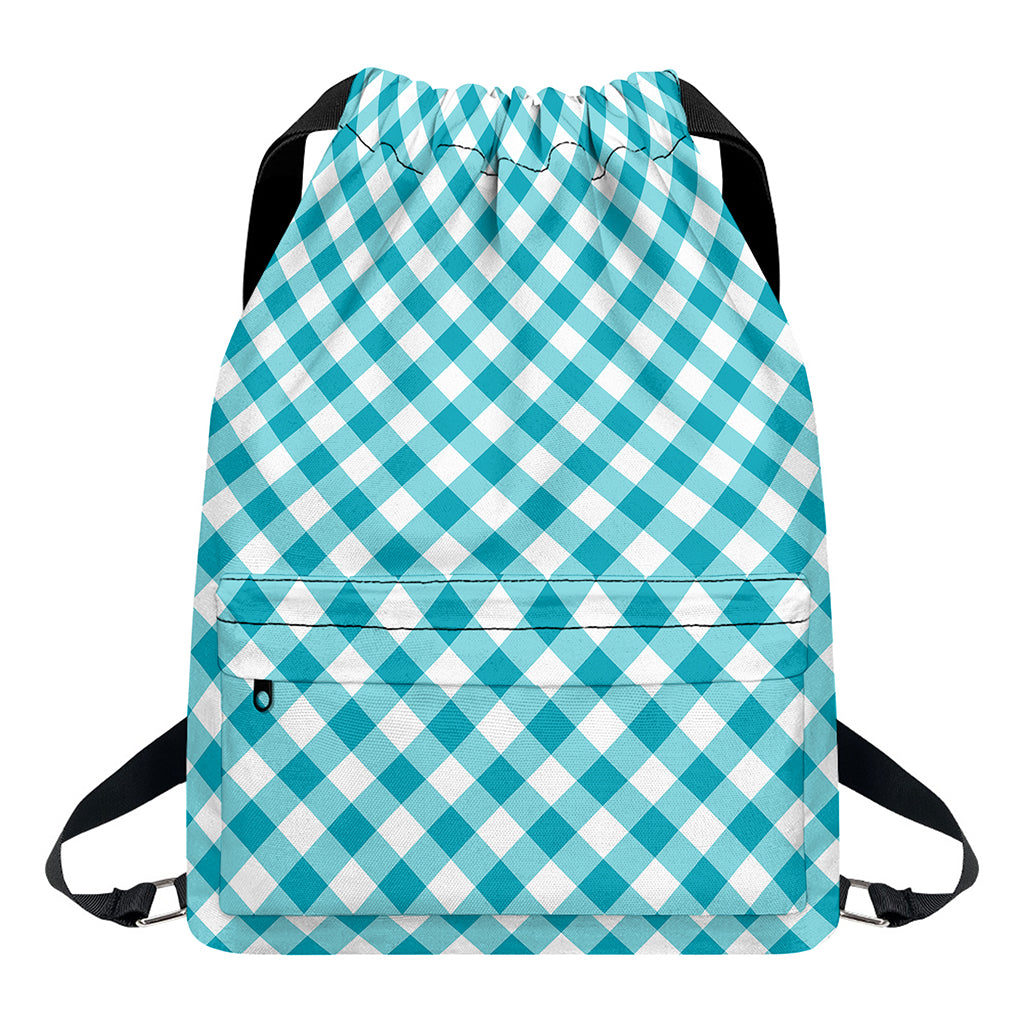 Teal And White Gingham Pattern Print Drawstring Backpack
