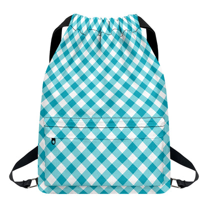 Teal And White Gingham Pattern Print Drawstring Backpack