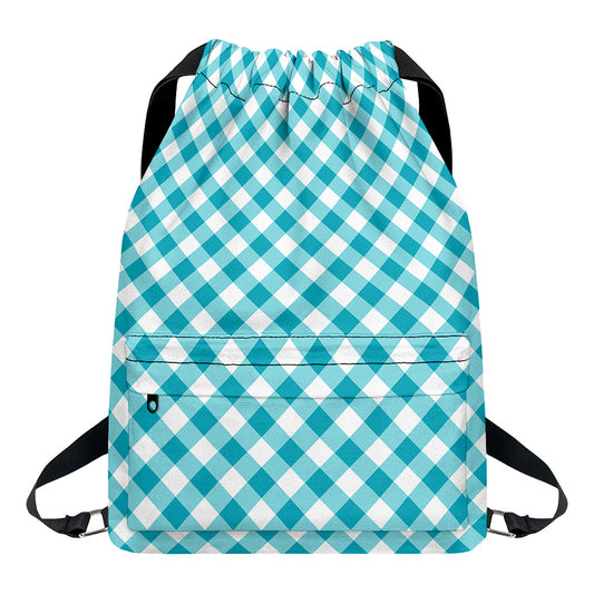 Teal And White Gingham Pattern Print Drawstring Backpack