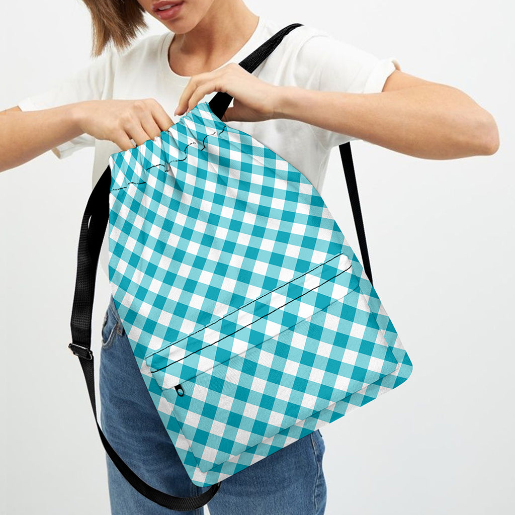 Teal And White Gingham Pattern Print Drawstring Backpack