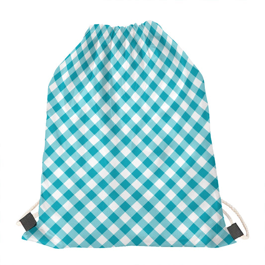 Teal And White Gingham Pattern Print Drawstring Bag
