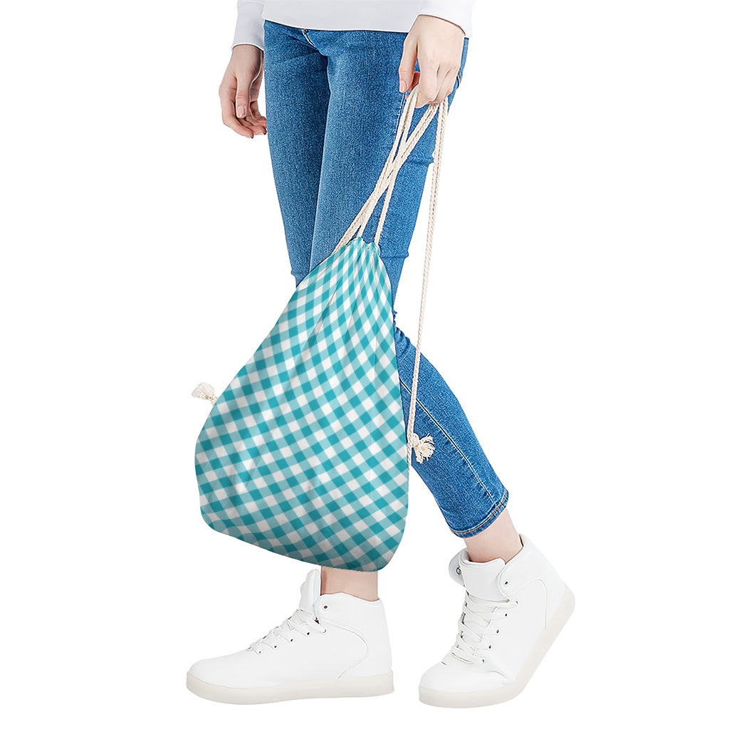 Teal And White Gingham Pattern Print Drawstring Bag