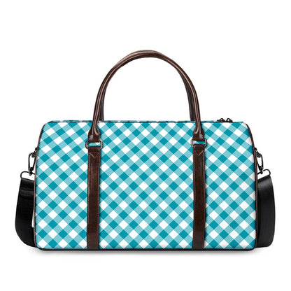 Teal And White Gingham Pattern Print Duffle Bag