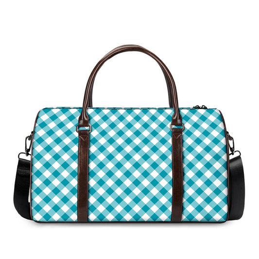 Teal And White Gingham Pattern Print Duffle Bag