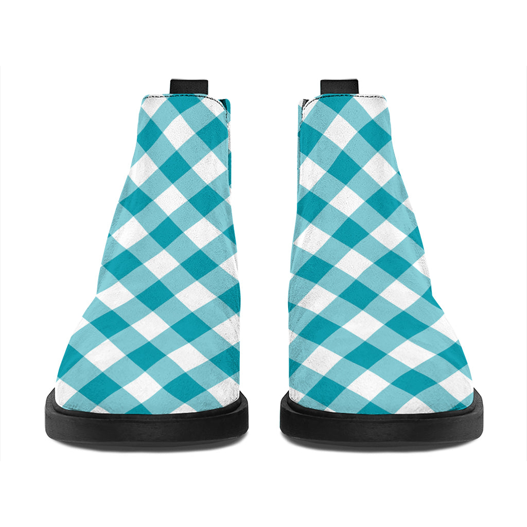 Teal And White Gingham Pattern Print Flat Ankle Boots