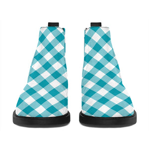 Teal And White Gingham Pattern Print Flat Ankle Boots