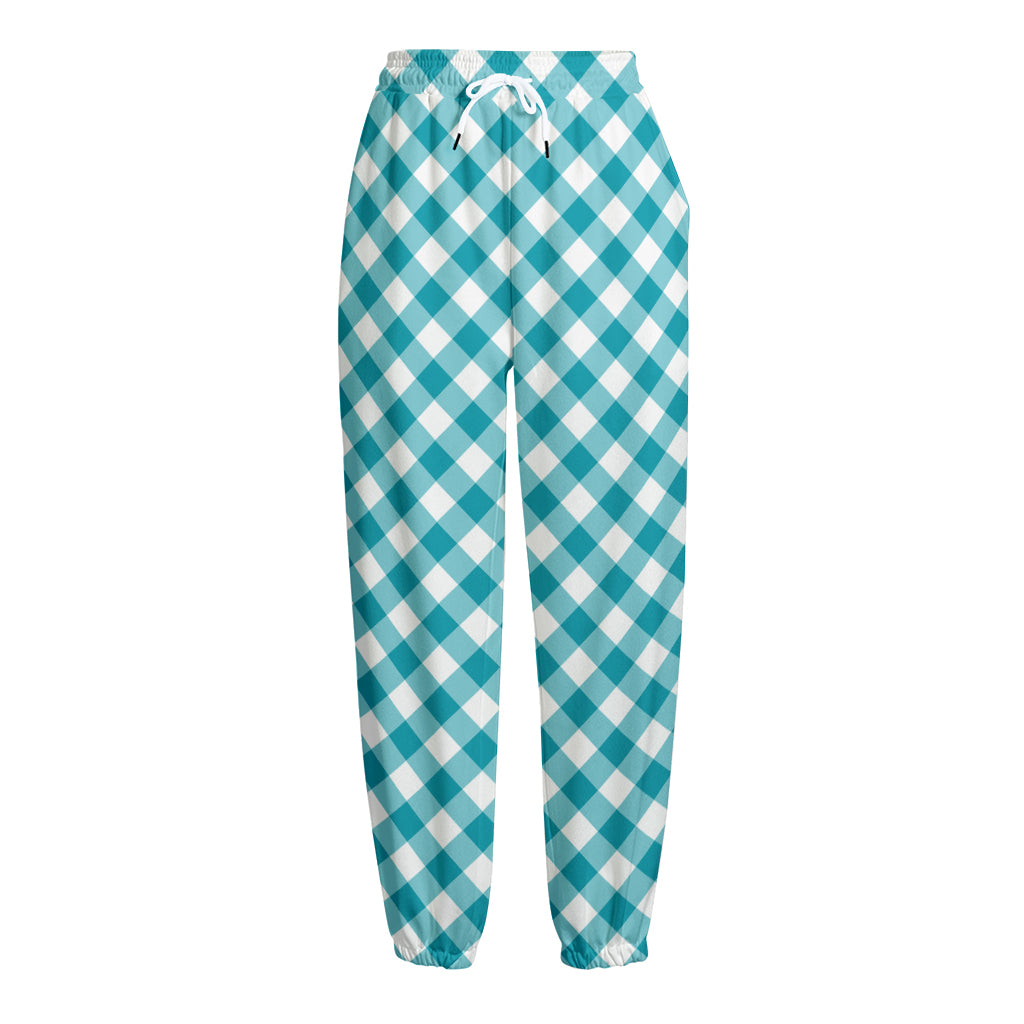 Teal And White Gingham Pattern Print Fleece Lined Knit Pants