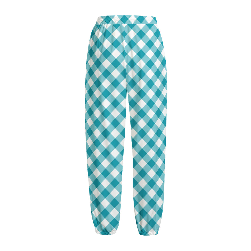 Teal And White Gingham Pattern Print Fleece Lined Knit Pants