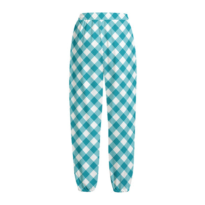 Teal And White Gingham Pattern Print Fleece Lined Knit Pants