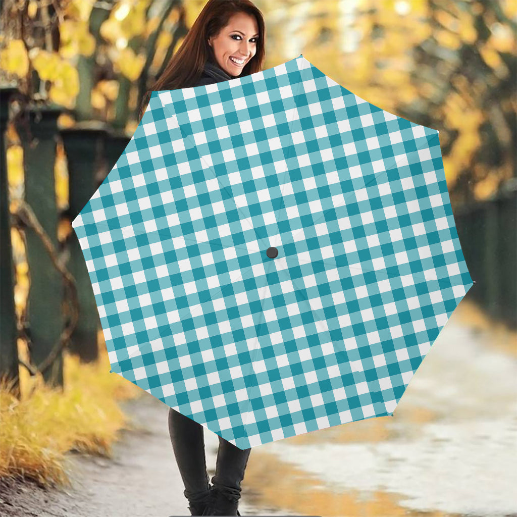 Teal And White Gingham Pattern Print Foldable Umbrella