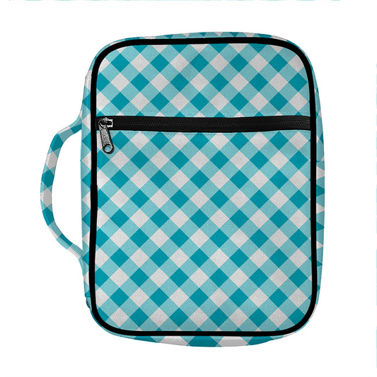 Teal And White Gingham Pattern Print Front Pocket Bible Bag