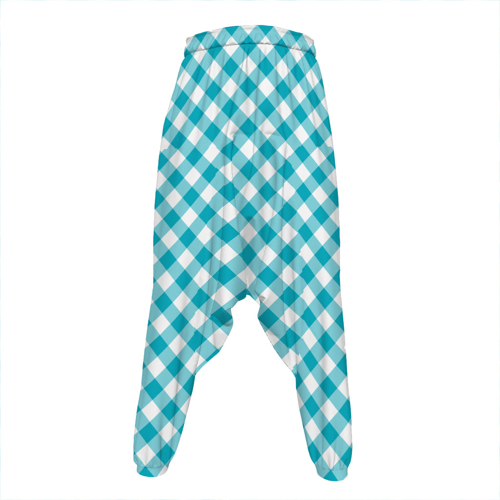 Teal And White Gingham Pattern Print Hammer Pants