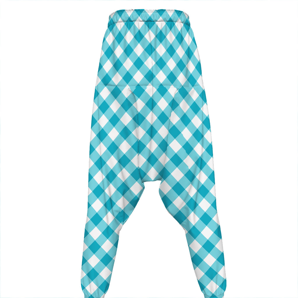 Teal And White Gingham Pattern Print Hammer Pants