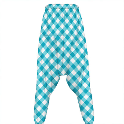 Teal And White Gingham Pattern Print Hammer Pants