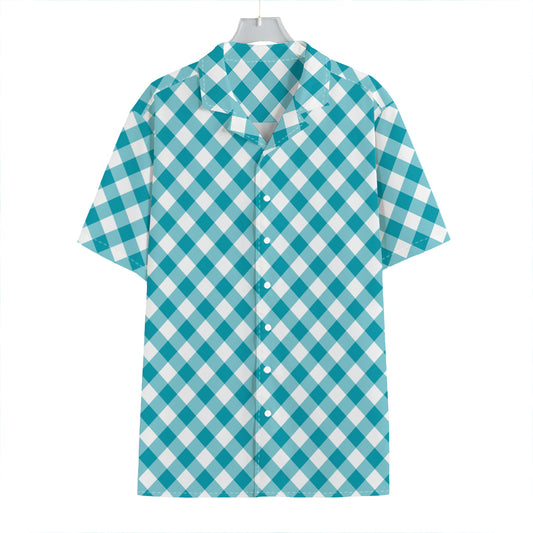 Teal And White Gingham Pattern Print Hawaiian Shirt