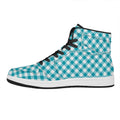 Teal And White Gingham Pattern Print High Top Leather Sneakers