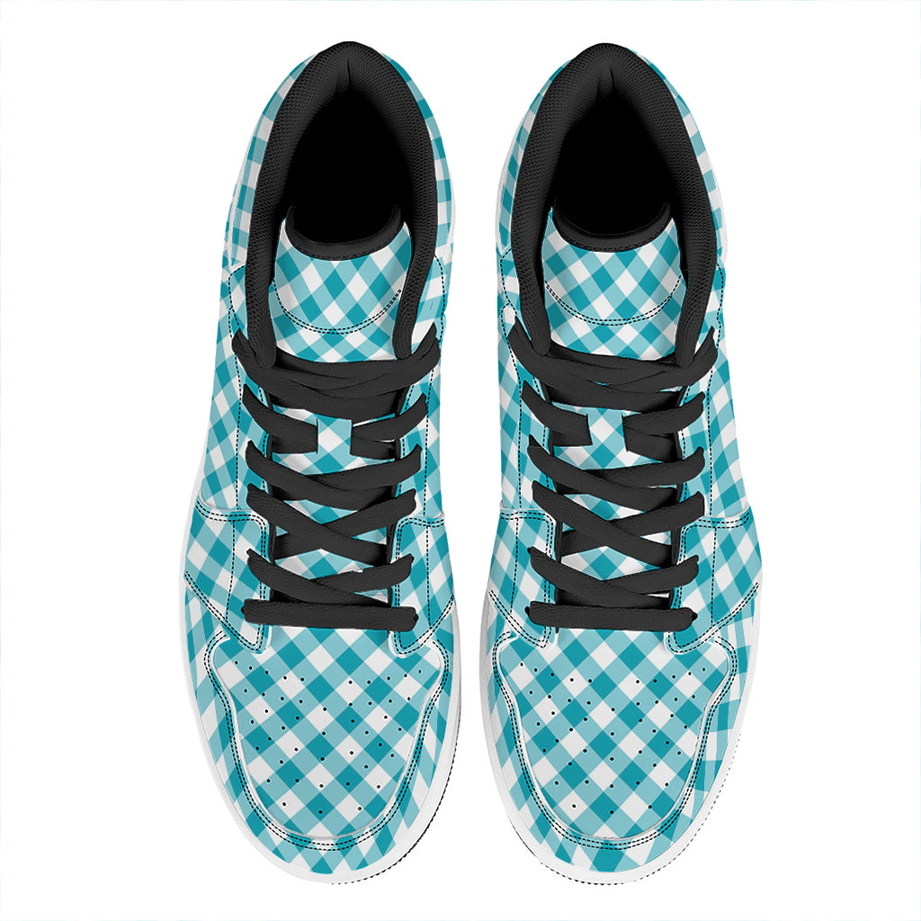 Teal And White Gingham Pattern Print High Top Leather Sneakers