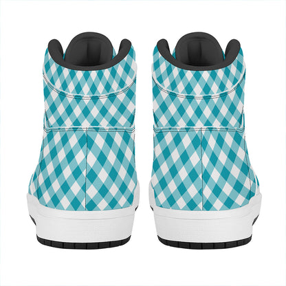 Teal And White Gingham Pattern Print High Top Leather Sneakers